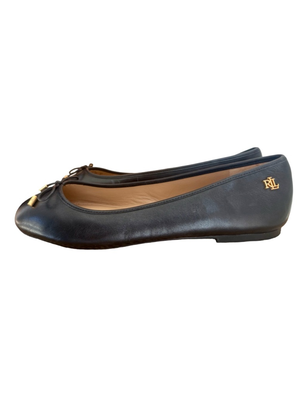 Lauren Ralph Lauren Black Leather Ballet Flats Gold Logo Size 9.5 - Picture 4 of 10